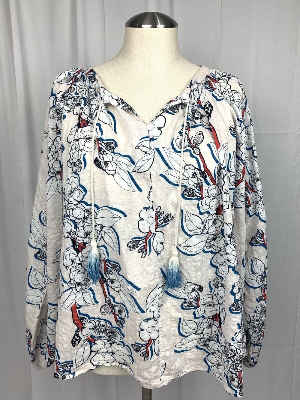 Listicle Floral Boho 3/4 Length Sleeve Peasant Blouse White Tassels Boho S